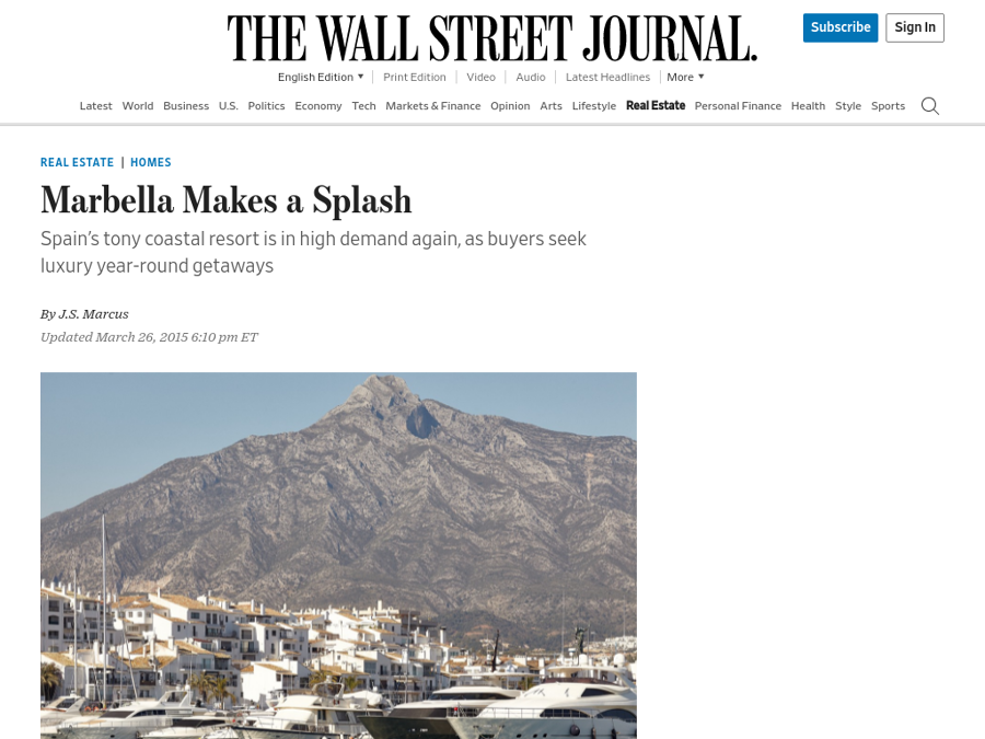 Wall Street Journal article “Marbella Makes a Splash” on Marbella’s property market, featuring Christopher Clover of Panorama Properties Marbella