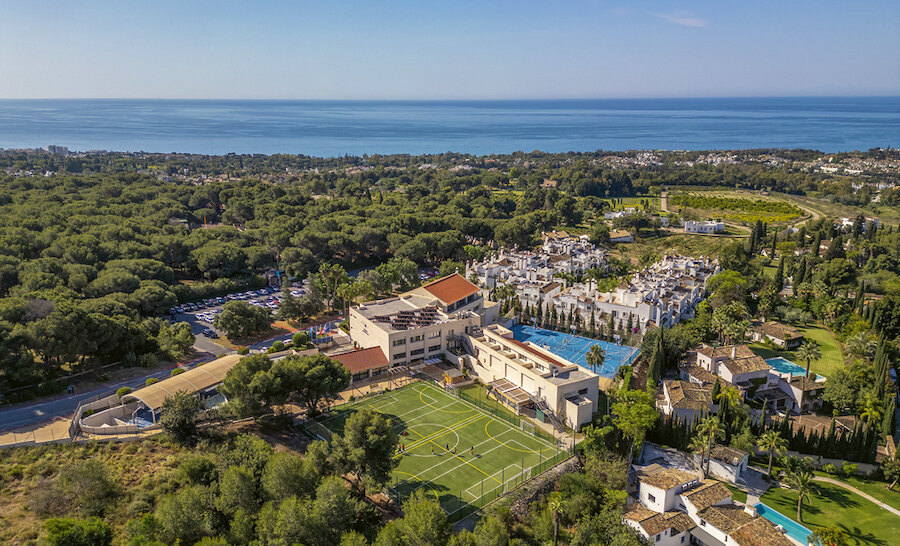Coastal campus and sports facilities representing International Schools in Marbella near the Mediterranean Sea