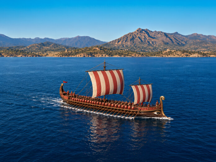 Illustration of an ancient sailing ship off Marbella’s mountainous coast, evoking the region’s ancient history.