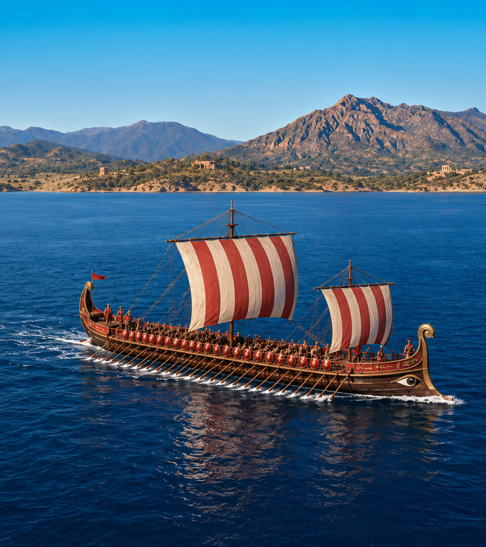 Ilustración de un antiguo velero frente a la costa montañosa de Marbella, evocando la historia antigua de Marbella.