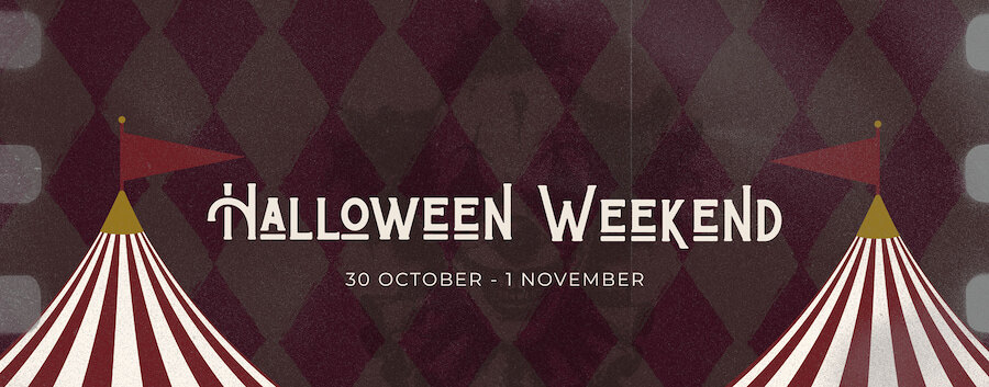 Circus-themed Halloween in Marbella banner with striped tents, advertising 30 October to 1 November.