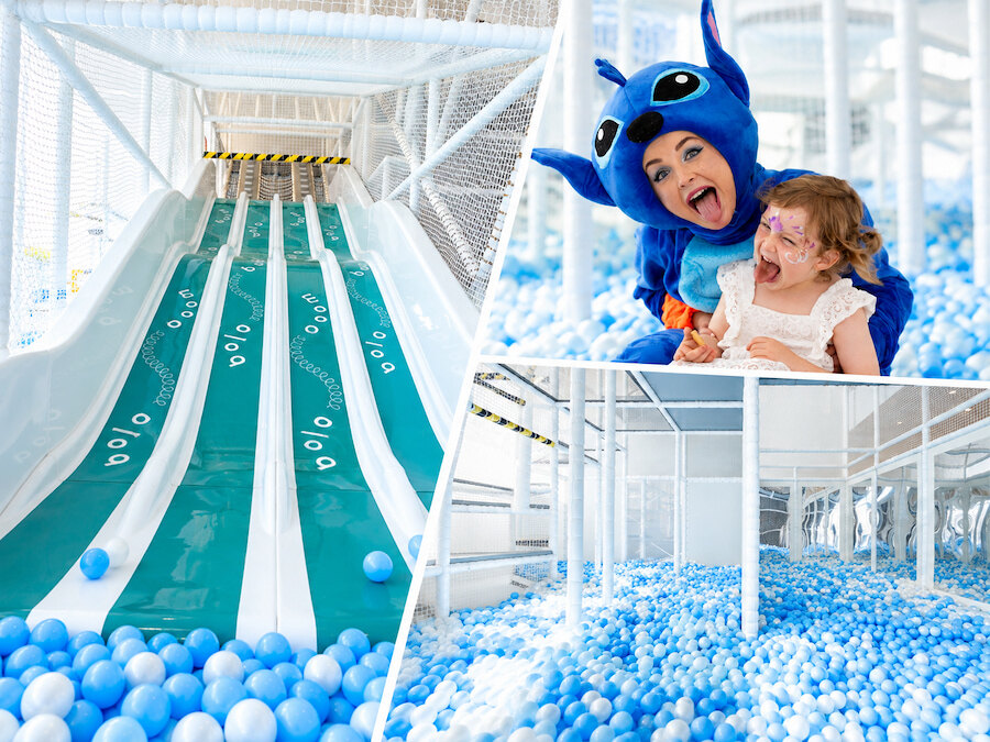 Indoor playground collage with turquoise slides, a blue-and-white ball pit, and a child beside a Stitch-costumed entertainer.