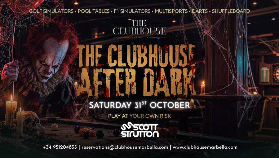 The Clubhouse After Dark poster for Halloween in Marbella, featuring a sinister clown and cobwebs.