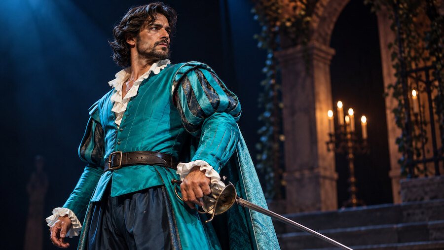 Actor in a teal period costume holding a sword on a candlelit stage.
