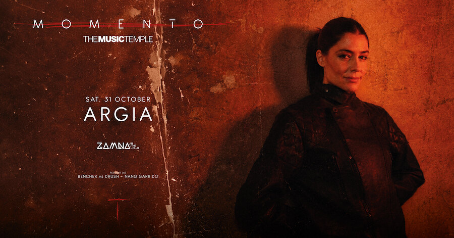 ARGIA event poster for Halloween in Marbella at Momento, featuring the DJ against an orange wall.