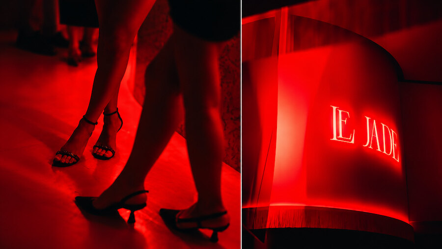 Red-lit collage showing guests in high heels beside an illuminated Le Jade sign.