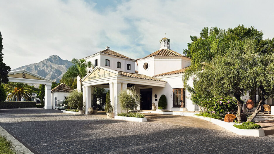 The entrance to Marbella Club Hotel, one of Marbella’s most iconic Landmark hotels, with La Concha in the background.