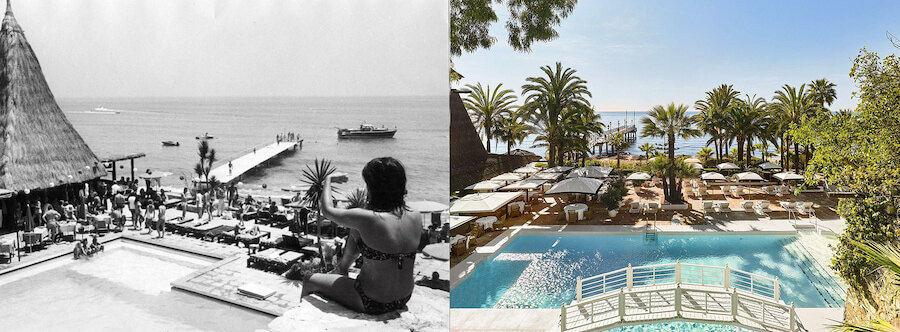 Vues historiques et actuelles d’une piscine en bord de mer à Marbella, entourée de palmiers et de transats.