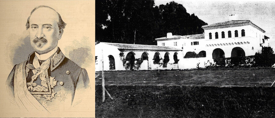 Historic portrait and old colonial-style estate building illustrating san pedro history and the origins of San Pedro de Alcántara.
