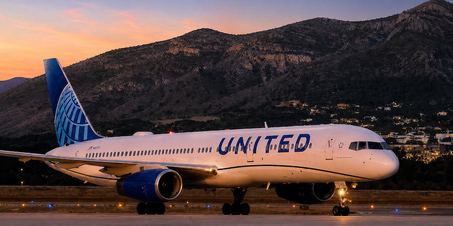 United Airlines aircraft on the runway with mountains in the background at sunset.