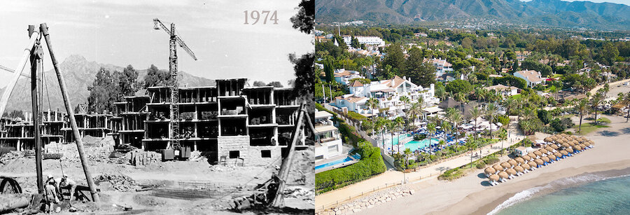 Construction d’un complexe hôtelier à Marbella en 1974 et vue aérienne actuelle de ses jardins, piscines et plage.