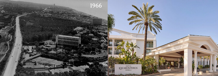 Vue aérienne de l’Hotel Los Monteros en 1966, accompagnée de son entrée actuelle bordée de palmiers.