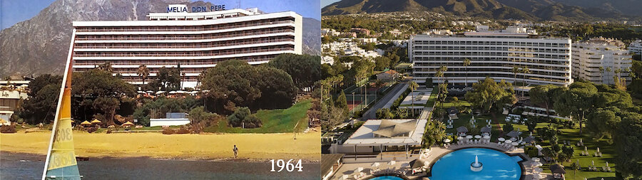L’Hotel Meliá Don Pepe en 1964 et aujourd’hui, avec ses jardins, sa piscine et La Concha en arrière-plan.