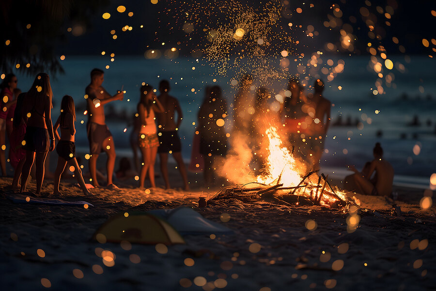 Beach bonfire with glowing sparks and people gathered on the sand during San Juan night in Marbella.