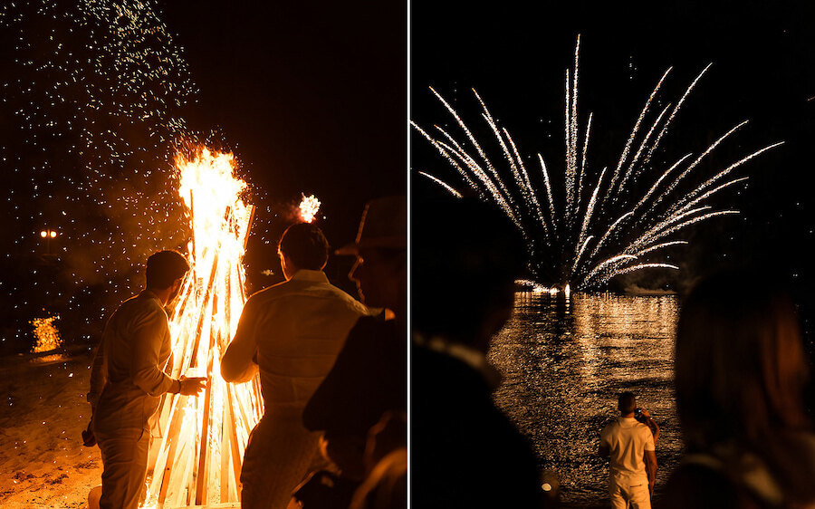 Collage of a large beach bonfire and fireworks over the sea during a San Juan celebration in Marbella.