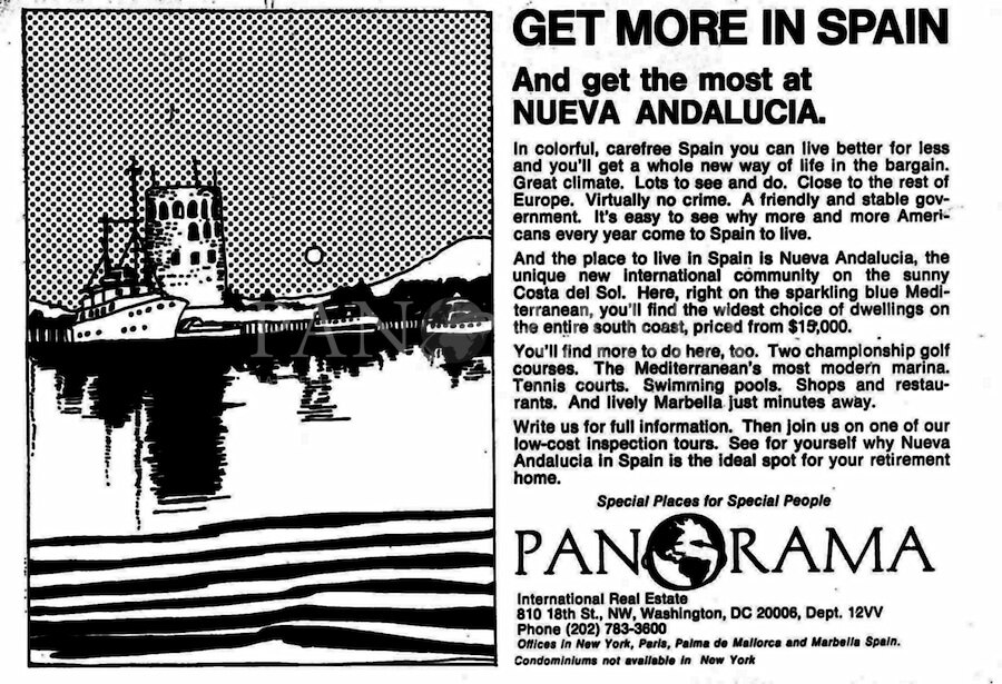 Vintage-Anzeige von Panorama, die Nueva Andalucía als Teil von Die Geschichte von Puerto Banús und Nueva Andalucía bewirbt