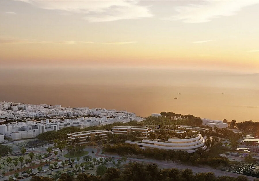 Luxury resort development in Marbella East overlooking the Mediterranean Sea at sunset