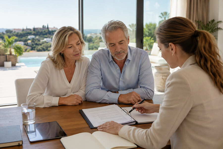 Asesor inmobiliario revisando documentos con compradores interesados en villas en venta en el sur de España cerca de la costa de Marbella.