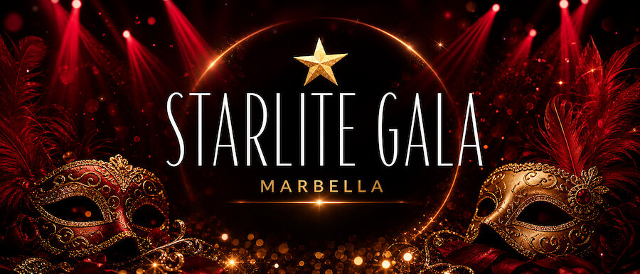A glamorous gala poster for Starlite Marbella 2026 featuring Venetian masks, red spotlights, and a luxury event atmosphere.