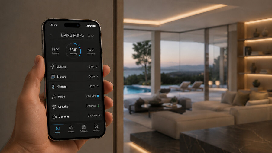 Smart home controls in a turnkey home in Marbella with luxury living spaces and seamless modern technology.