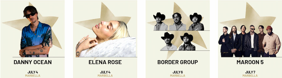 A Starlite Marbella 2026 lineup graphic featuring four artist announcement cards with portrait images and early July Marbella concert dates.
