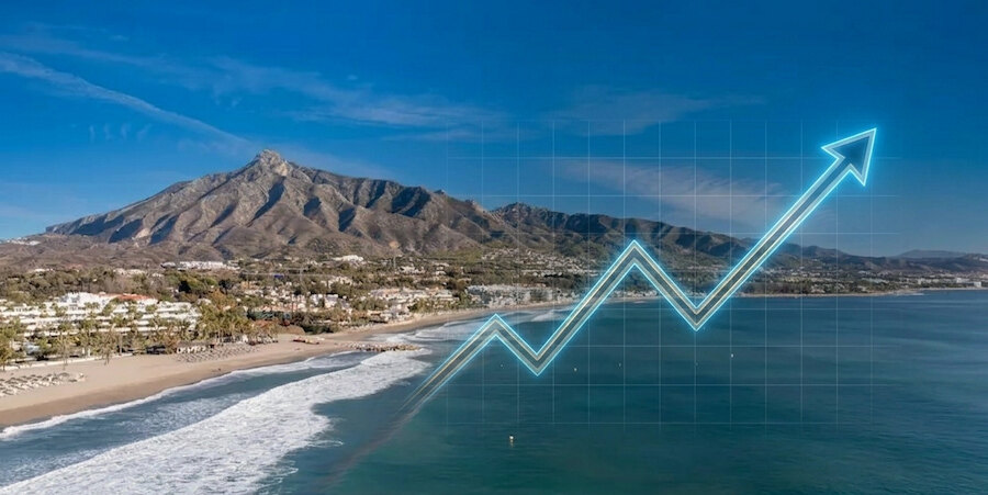 Aerial view of Marbella’s coastline and La Concha mountain with a rising arrow graphic representing property market growth.