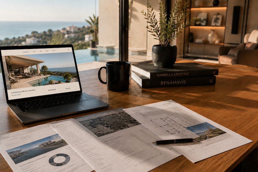 Property plans and laptop research for a turnkey home in Marbella overlooking the Mediterranean coast.