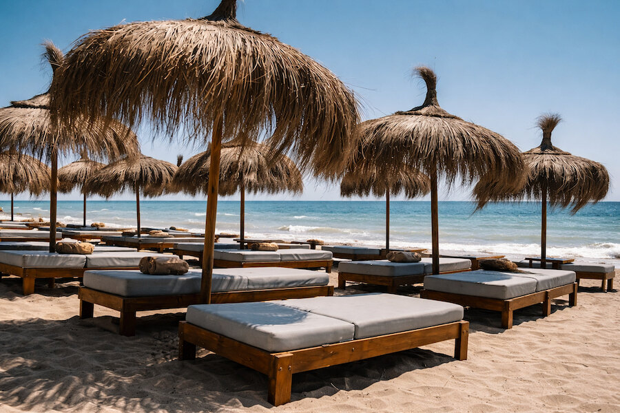 Luxe ligbedden van een beachclub op het zand, onder rieten parasols, aan zee met rustige golven en een helderblauwe lucht.