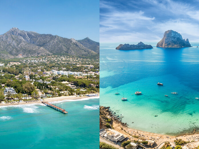 Gesplitste Middellandse Zeekust met Marbella vs Ibiza-landschap, bergzichten en kristalhelder eilandwater