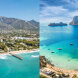 Costa mediterránea dividida que muestra el paisaje de Marbella vs Ibiza, con vistas a la montaña y aguas cristalinas de isla
