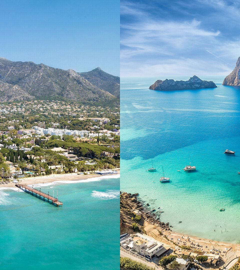Split Mediterranean coastline showing Marbella vs Ibiza scenery, with mountain views and crystal-clear island waters