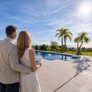 Couple viewing luxury Marbella villa with pool and sea views during a property visit – Marbella property viewing tips