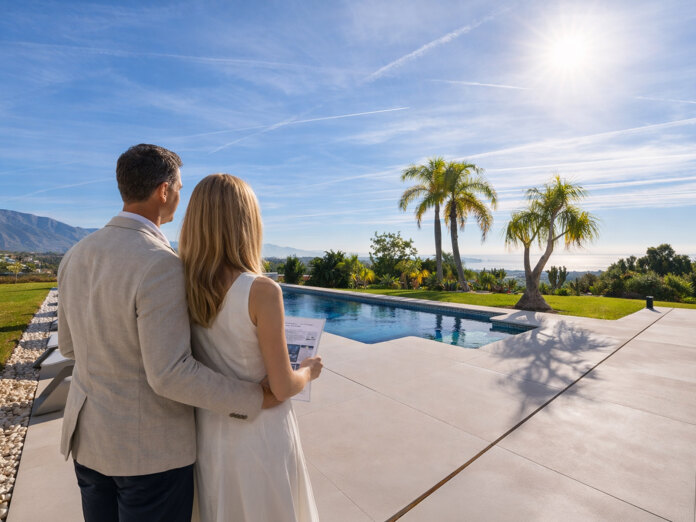 Couple viewing luxury Marbella villa with pool and sea views during a property visit – Marbella property viewing tips