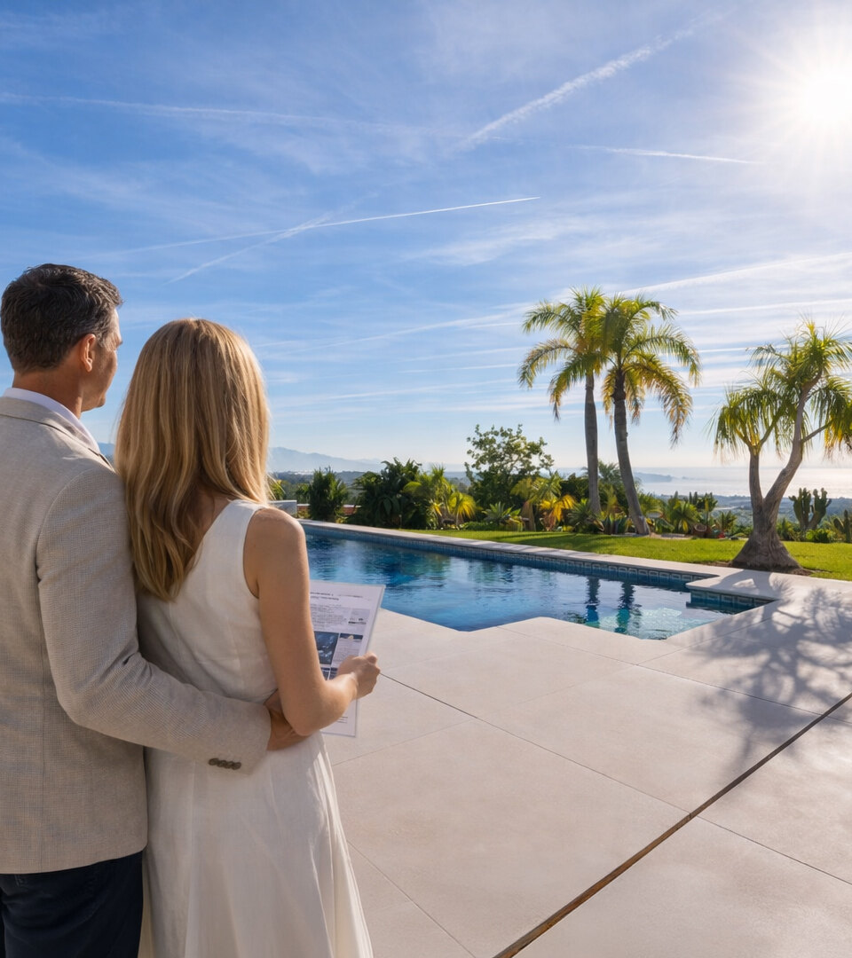 Couple viewing luxury Marbella villa with pool and sea views during a property visit – Marbella property viewing tips