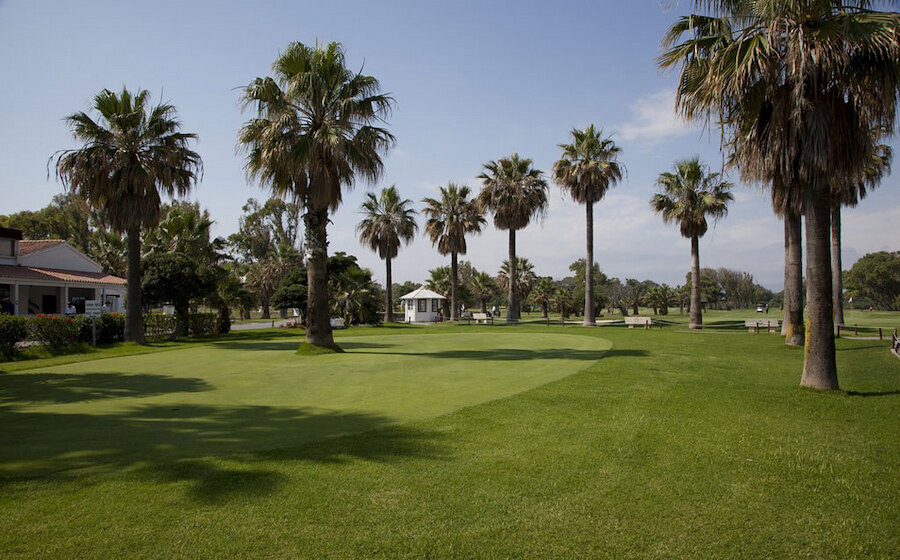 Golfbaan van Parador de Málaga Golf met brede groene fairways omzoomd door hoge palmbomen.