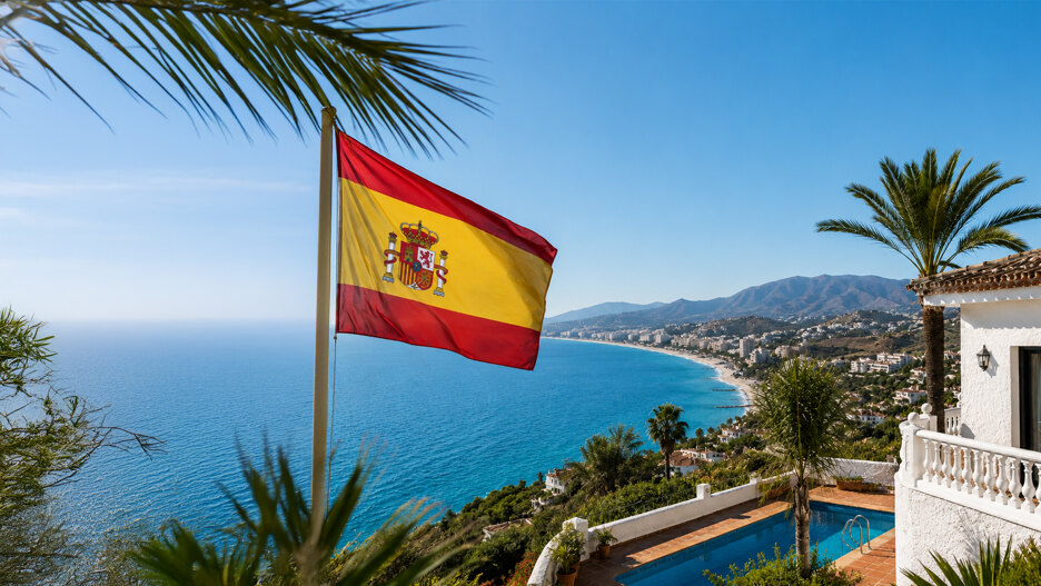 Spaanse vlag met uitzicht op de Middellandse Zeekust, palmbomen en villa’s, als weerspiegeling van de levenskwaliteit in Spanje.
