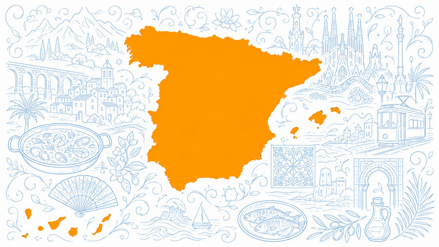 Illustrated map of Spain with cultural landmarks, architecture and Mediterranean motifs representing quality of life in Spain.