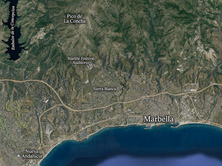 Satellite map showing key locations connected to the history of Sierra Blanca, Marbella and La Concha