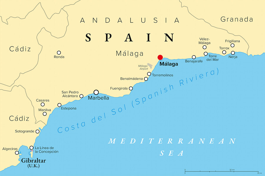 Map of the Costa del Sol showing Málaga, Marbella, Estepona, Nerja, and other coastal towns.