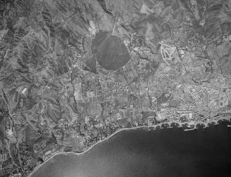 Historic aerial view of Marbella and its coastline illustrating the early history of Sierra Blanca