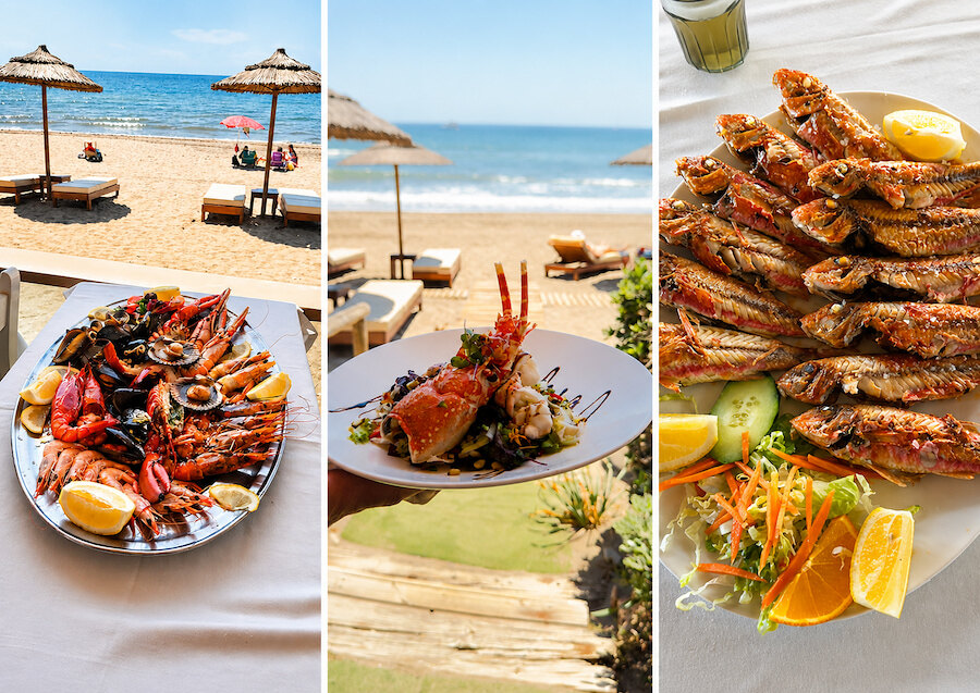Fresh seafood platters overlooking the Mediterranean at one of the spots for the best seafood in Marbella