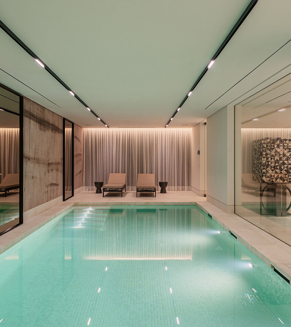 Heated indoor pool and lounge area in one of the most exclusive villas in Marbella with spa