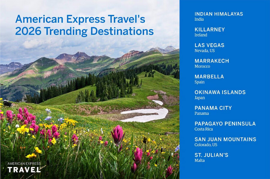 Promotional graphic titled “American Express Travel’s 2026 Trending Destinations” featuring a scenic mountain landscape with wildflowers and a list of global destinations including Marbella, Spain.