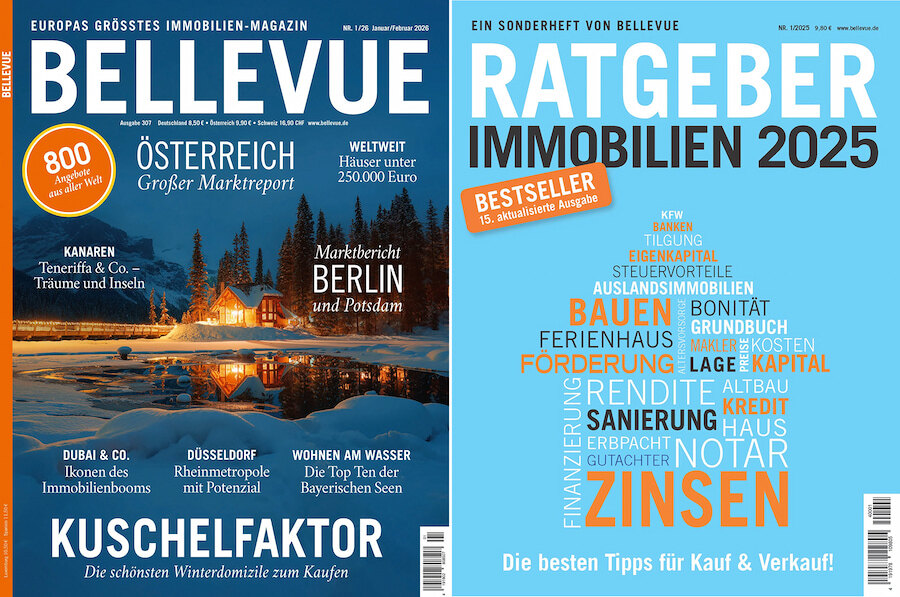 Two German real estate magazine covers from Bellevue displayed side by side, featuring “Bellevue” with a winter property scene and “Ratgeber Immobilien 2025” with bold typography about property investment topics.