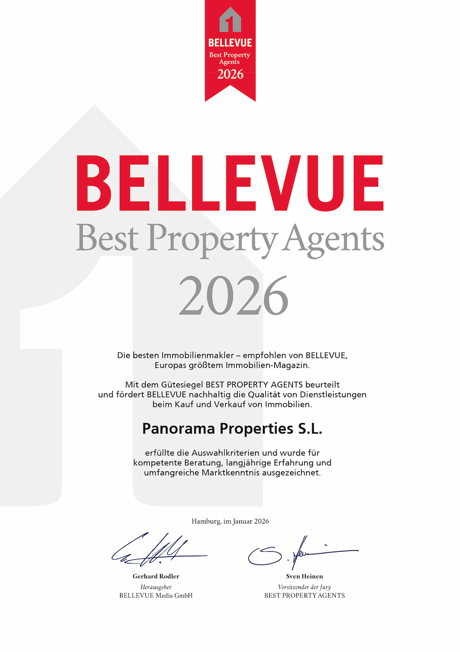 Bellevue “Best Property Agents 2026” award certificate issued to Panorama Properties S.L., featuring official signatures and the Bellevue red badge at the top.