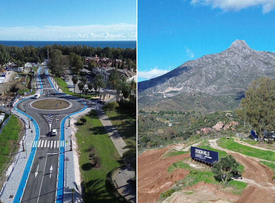 Imagen dividida que muestra, a la izquierda, una vista aérea de la carretera de Istán renovada en Marbella, con una rotonda, carriles bici y el entorno costero, y a la derecha, un paisaje de montaña cerca de Marbella con un área de desarrollo y una valla publicitaria con la Sierra Blanca como telón de fondo.