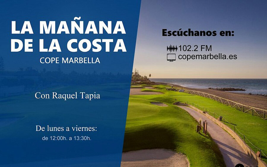 Radio COPE. Banner promocional de La Mañana de la Costa en COPE Marbella, con un campo de golf costero y un paseo marítimo, junto con los detalles de la emisión y la presentadora Raquel Tapia.