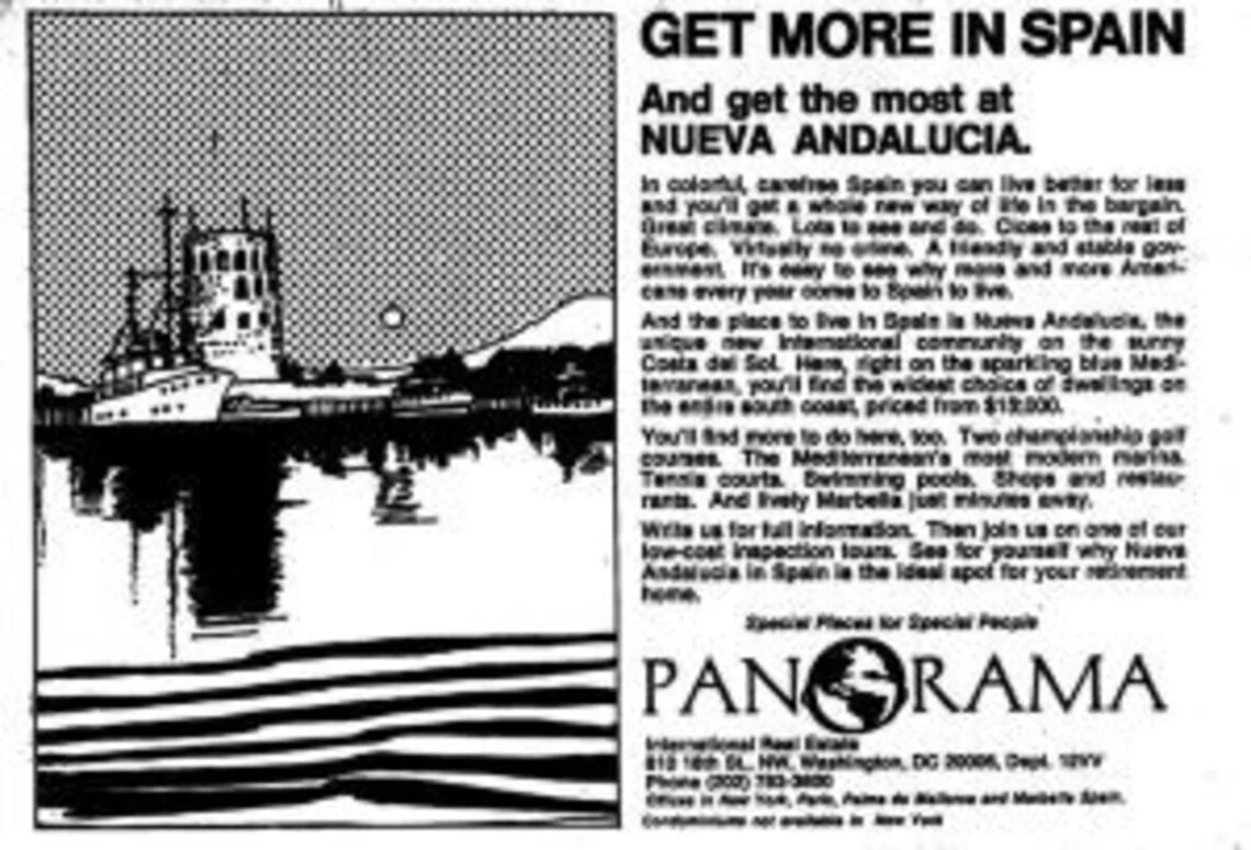 Uno de los primeros anuncios de prensa de Panorama en Marbella.