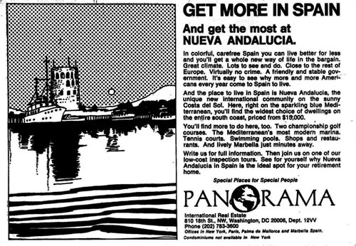 Publicité américaine en 1971 : Panorama a vendu plus de 150 maisons à Nueva Andalucia au début des années 70.