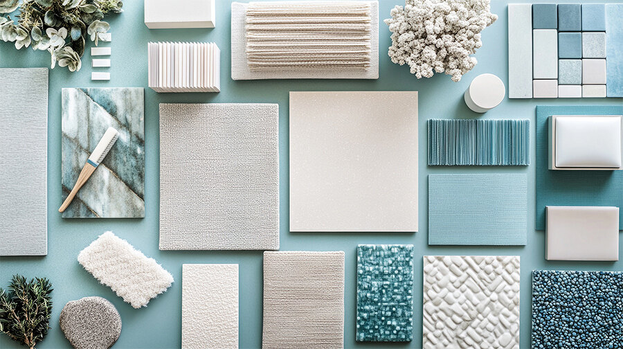 A relaxed coastal colour palette with textile and paint samples, lamella panels and tiles